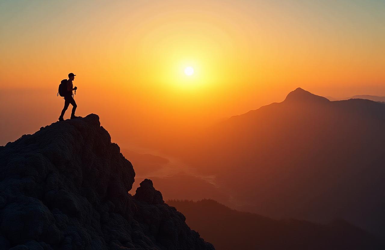 Individual reaching a rocky peak at sunrise